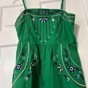 Anthropologie Emerald Green Embroidered Cami Top Peplum